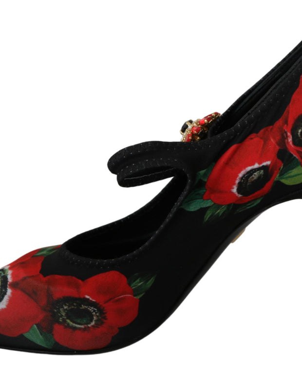 Black Red Floral Mary Janes Pumps Shoes