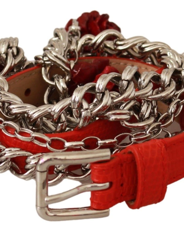 Red Leather Roses Floral Silver Waist Belt
