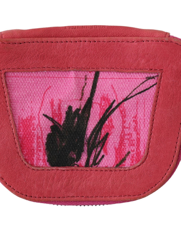 Pink Suede Printed Coin Holder Women Fabric Zippered Purse
