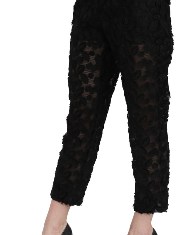 Black Lace Straight Cropped High Waist Pants