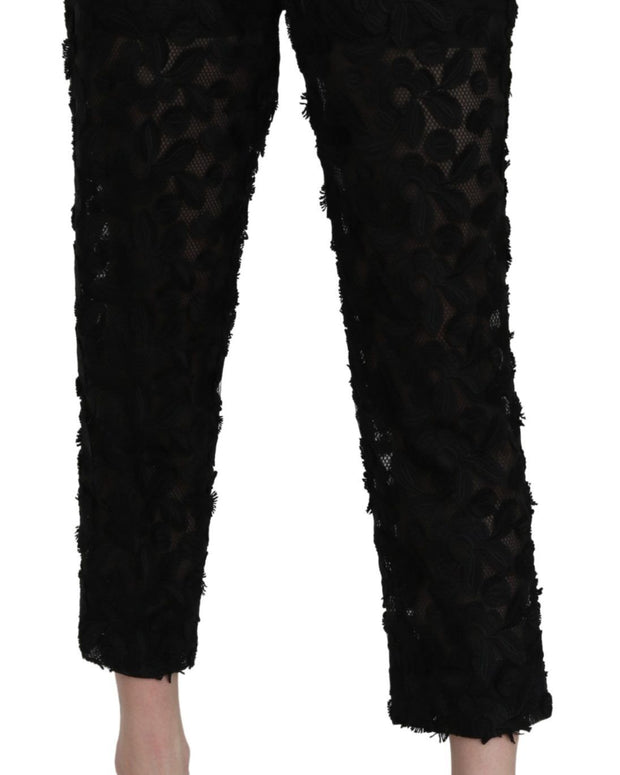 Black Lace Straight Cropped High Waist Pants
