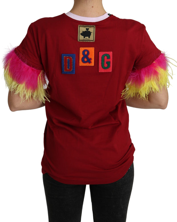Red Pig Print Feather Sleeves T-shirt Top