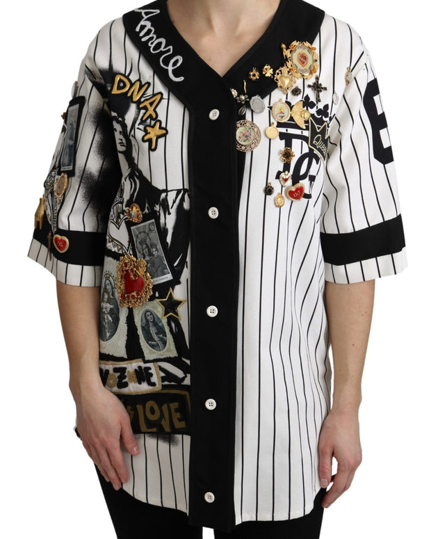 White and black Blouse Cotton Crystal Charms Amore Shirt