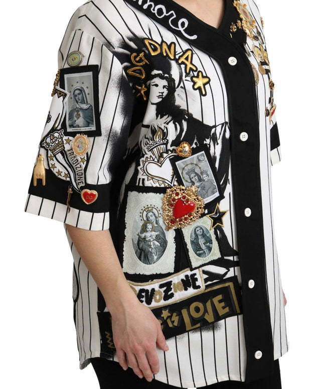 White and black Blouse Cotton Crystal Charms Amore Shirt