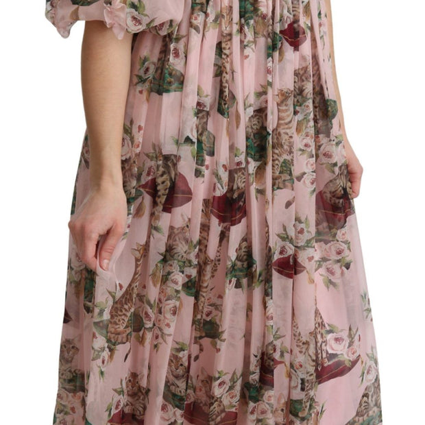 Elegant Pink Bengal Cat Print A-Line Maxi Dress