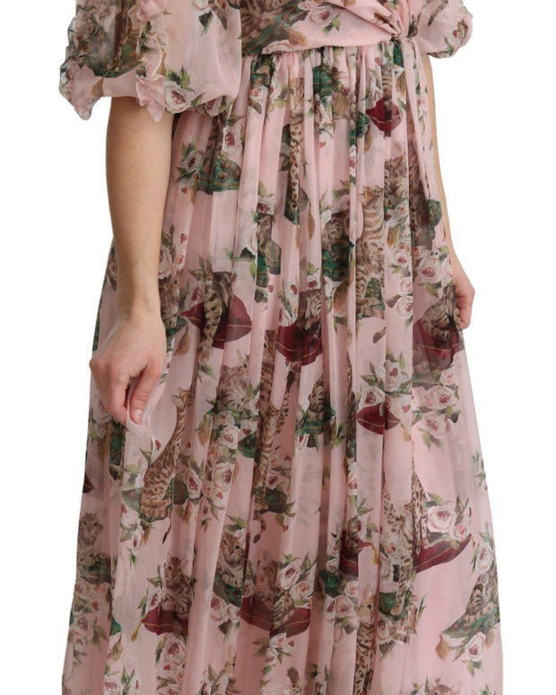 Pink Bengal Cat Print A-line Maxi Silk  Dress