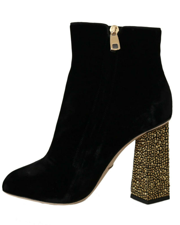Black Velvet Crystal Square Heels Shoes
