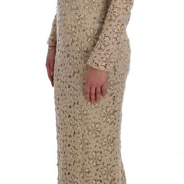 Beige Floral Lace Long Sleeve Maxi Dress