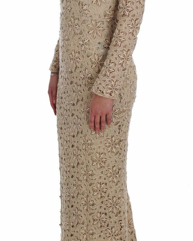 Beige Floral Lace Sheath Maxi Dress