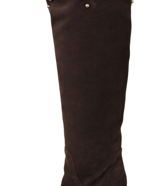 Brown Suede Studded Knee High Shoes Boots