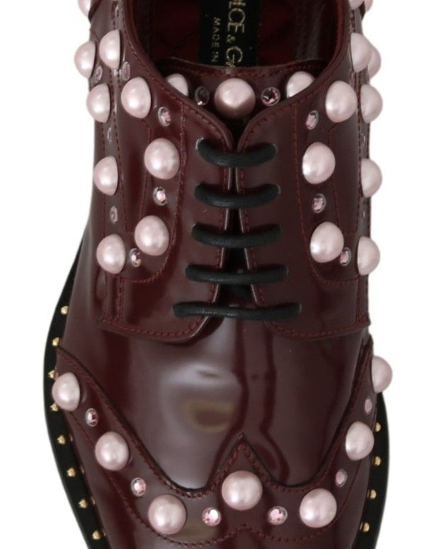 Bordeaux Leather Crystal Pearls Formal Shoes