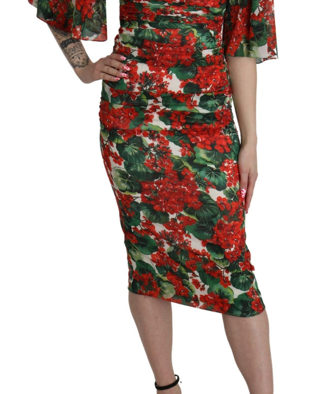 Red Floral Sheath Midi Silk Stretch Dress