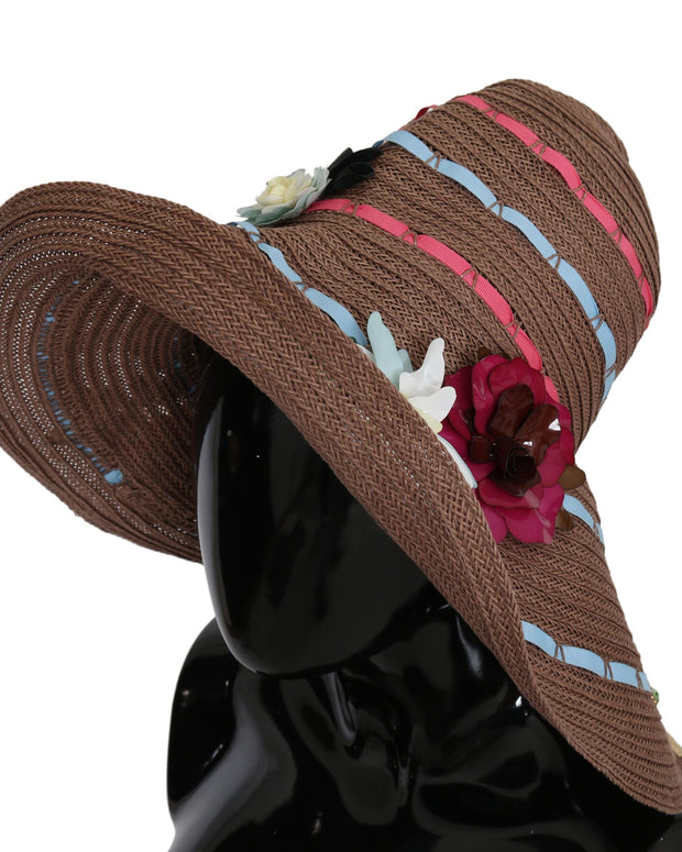 Brown Floral Wide Brim Straw Floppy Cap Hat