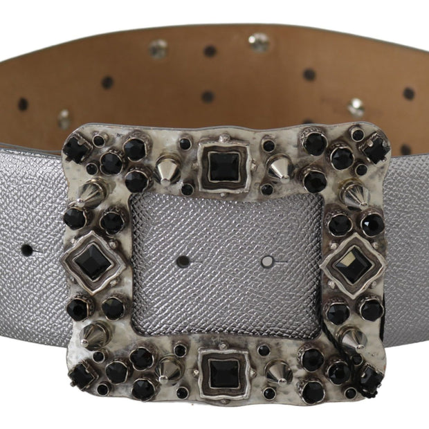 Stunning Silver Leather Crystal-Studded Belt