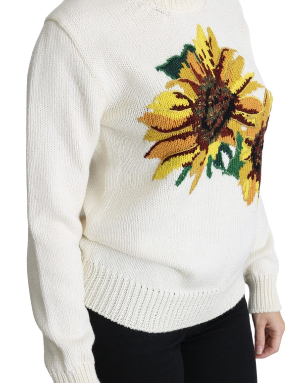 White Floral Wool Pullover Sunflower Sweater