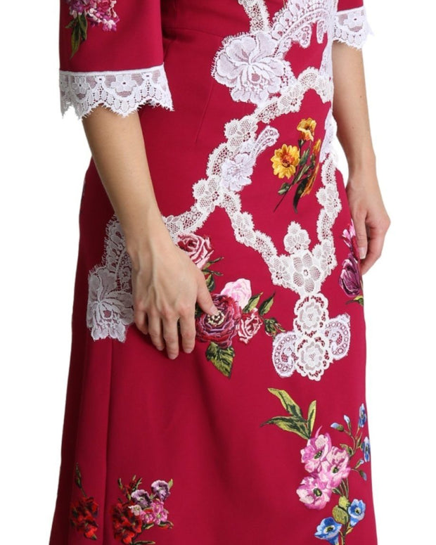 Red Floral Embroidered Sheath Midi Dress