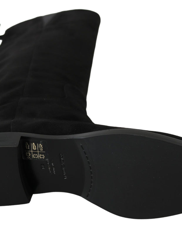Black Suede Knee High Flat Boots Shoes