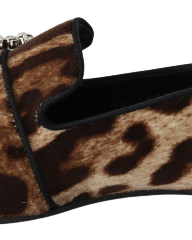 Brown Leopard Print Crystals Loafers Flats Shoes