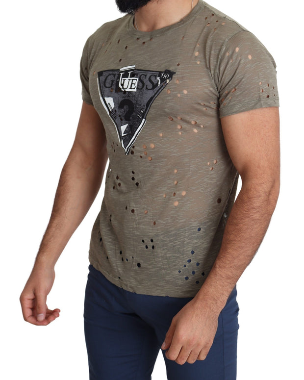 Brown Cotton Stretch Logo Print Men Casual Perforated T-shirt