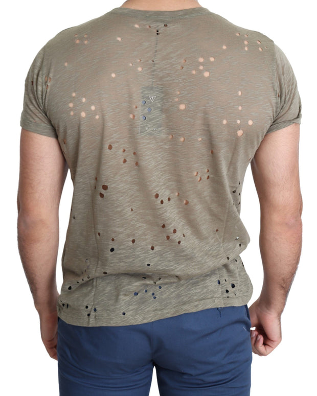 Brown Cotton Stretch Logo Print Men Casual Perforated T-shirt