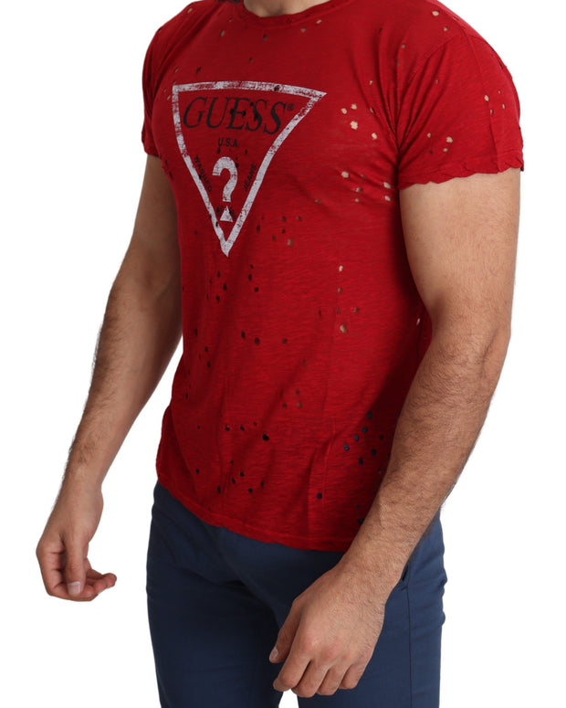 Red Cotton Logo Print Men Casual Top Perforated T-shirt