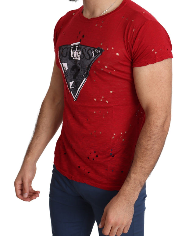Red Cotton Logo Print Men Casual Top Perforated T-shirt