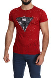 Red Cotton Logo Print Men Casual Top Perforated T-shirt