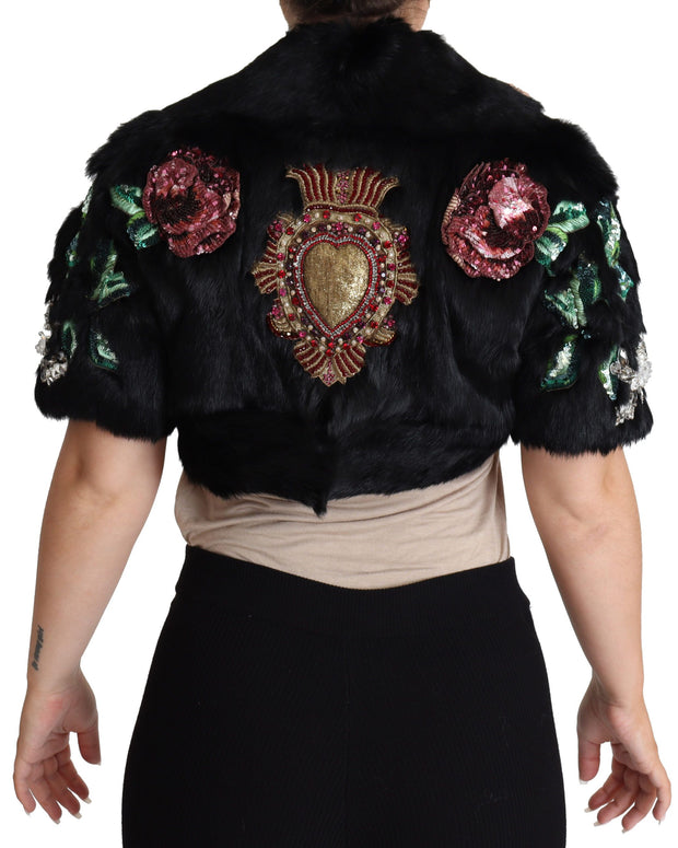 Black Rabbit Fur Crystals Sequin Coat
