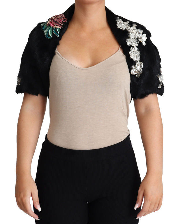 Black Rabbit Fur Crystals Sequin Coat