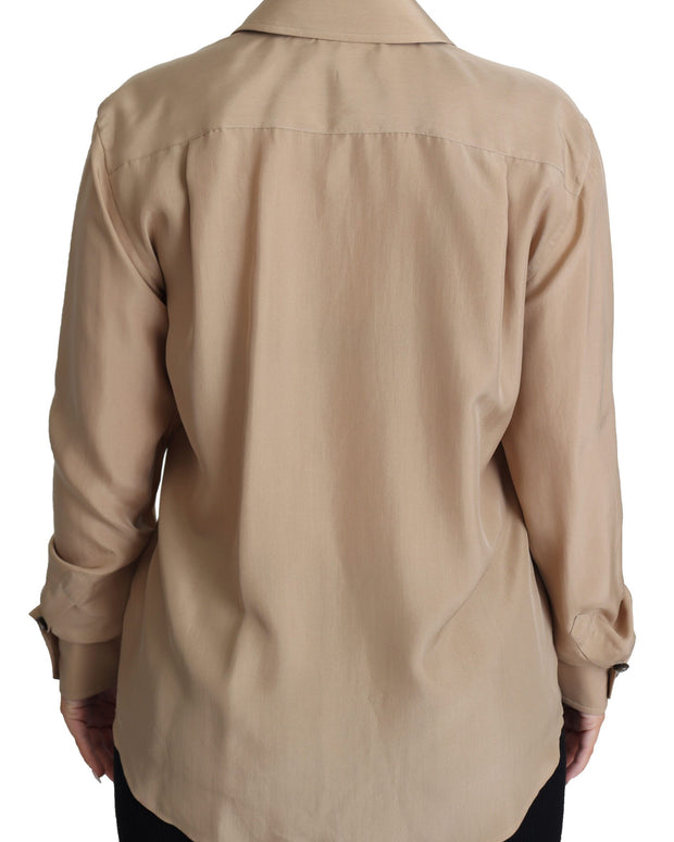 Beige Silk Shirt Decorative Buttons Top