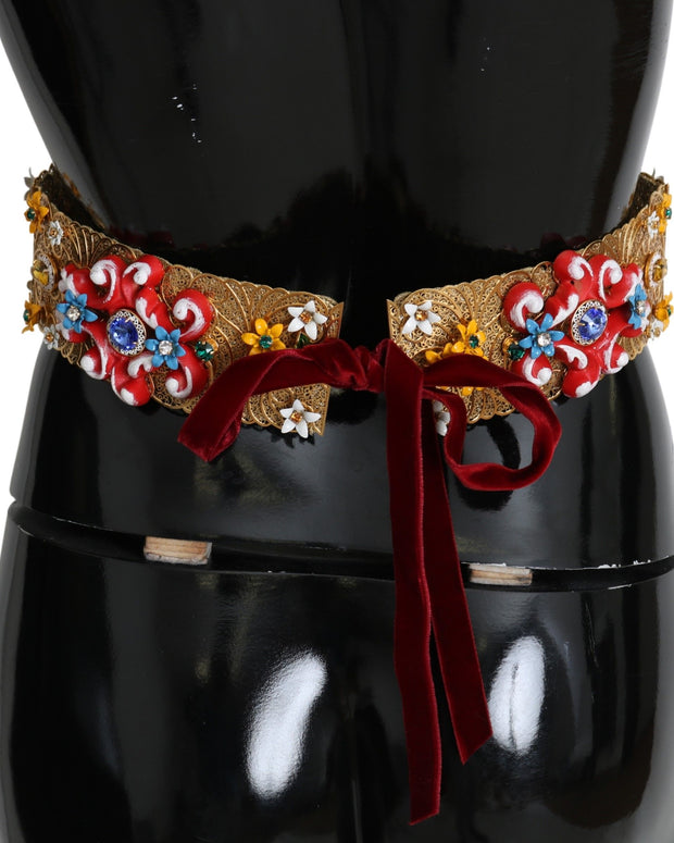 Embellished Floral Crystal Wide Waist Golden Belt
