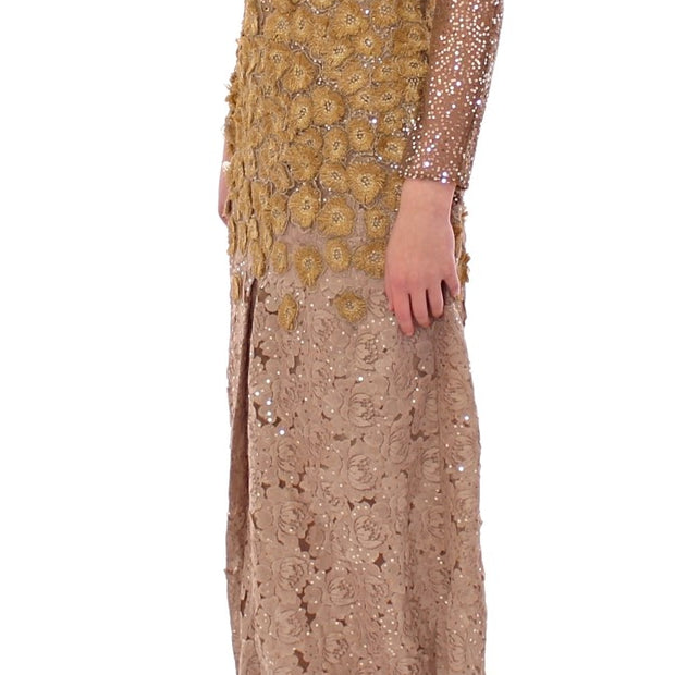 Exquisite Gold Lace Maxi Dress with Crystals