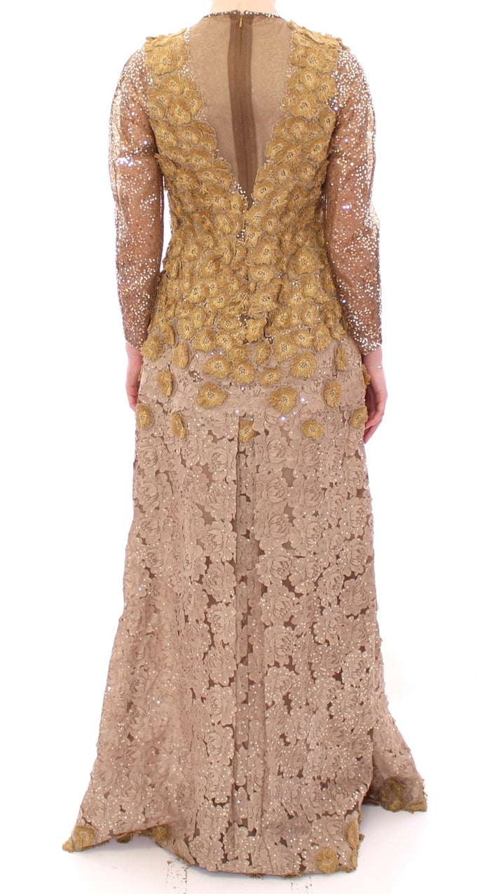 Exquisite Gold Lace Maxi Dress with Crystals