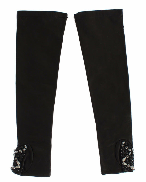 Black Leather Crystal Beaded Finger Free Gloves