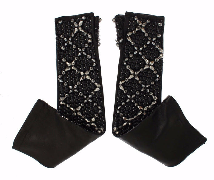 Elegant Crystal Beaded Leather Gloves