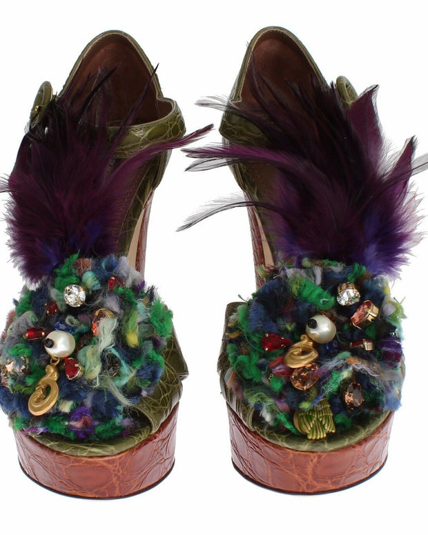 Green Leather Crystal Platform Sandal Shoes