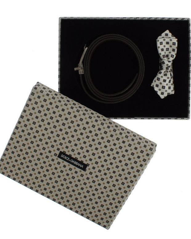 White Silk Bowtie Leather Men Belt Gift Box
