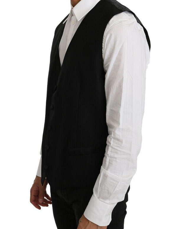 Black Solid Wool Silk Vest