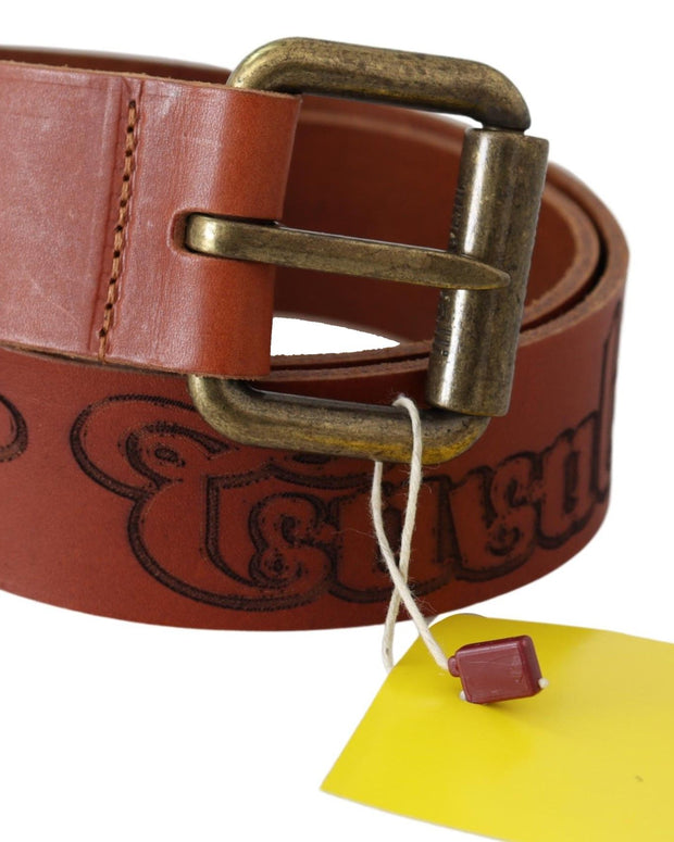 Brown Leather Logo Bronze Rustic Metal Buckle Belt