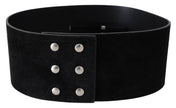 Elegant Black Leather Wide Belt with Silver Tone Buckle