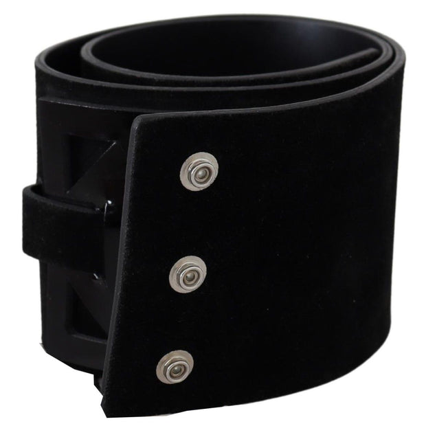 Elegant Black Leather Wide Belt with Silver Tone Buckle