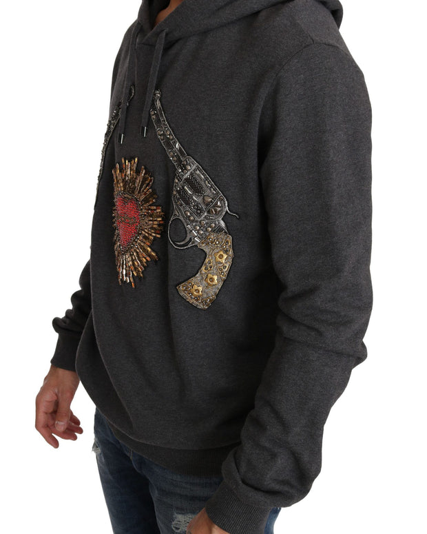 Gray Hooded Red Crystal Heart Gun Sweater
