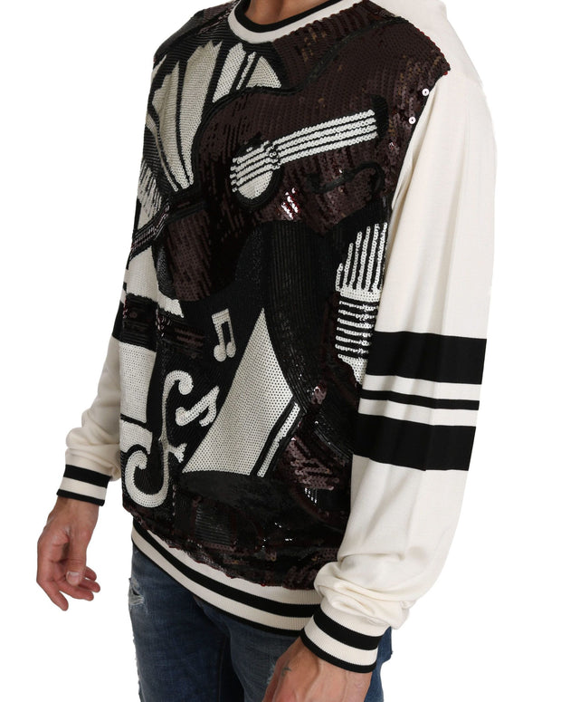 White Jazz Sequined Guitar Pullover Top Sweater