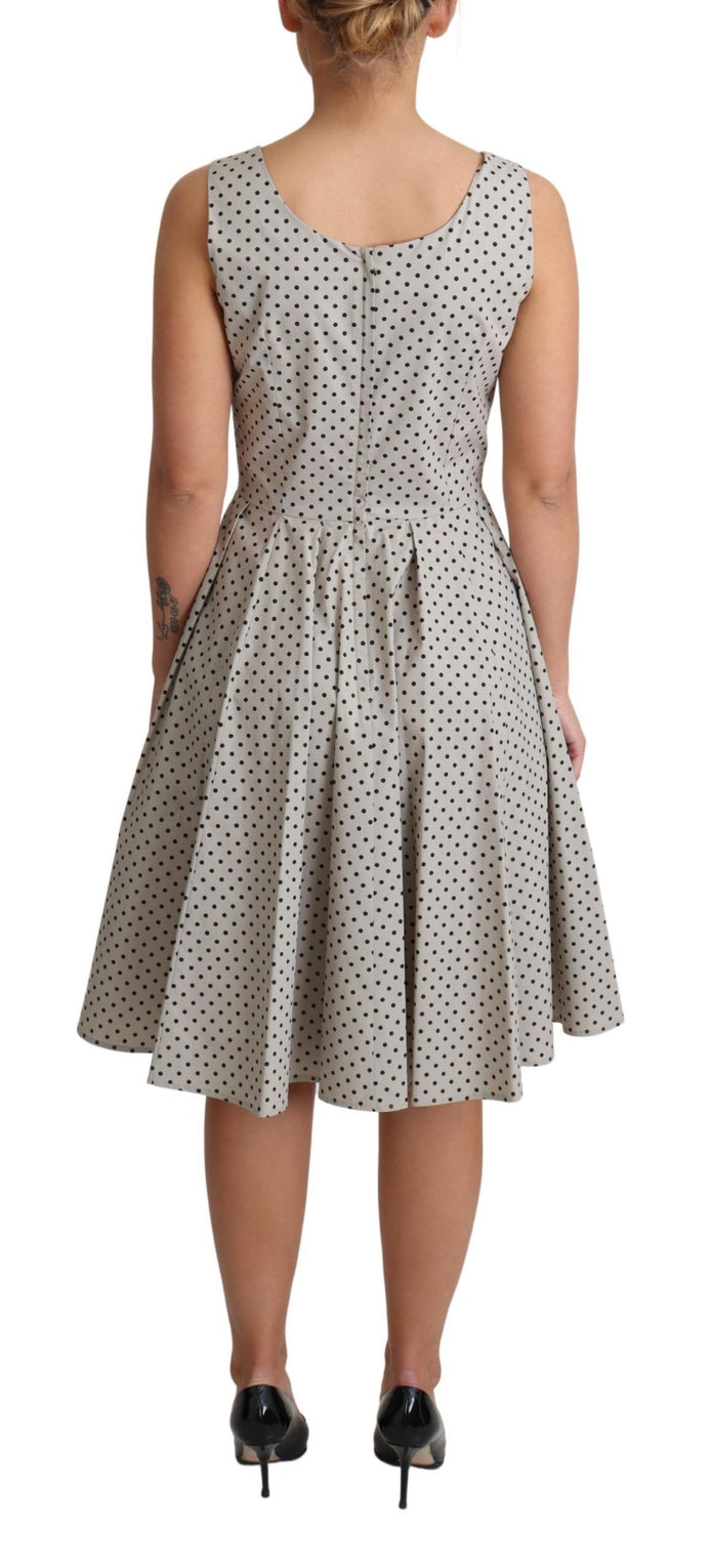 Polka-Dotted Beige Sleeveless A-line Dress