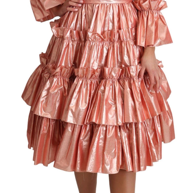 Pink Metallic Ruffled Gown Elegance