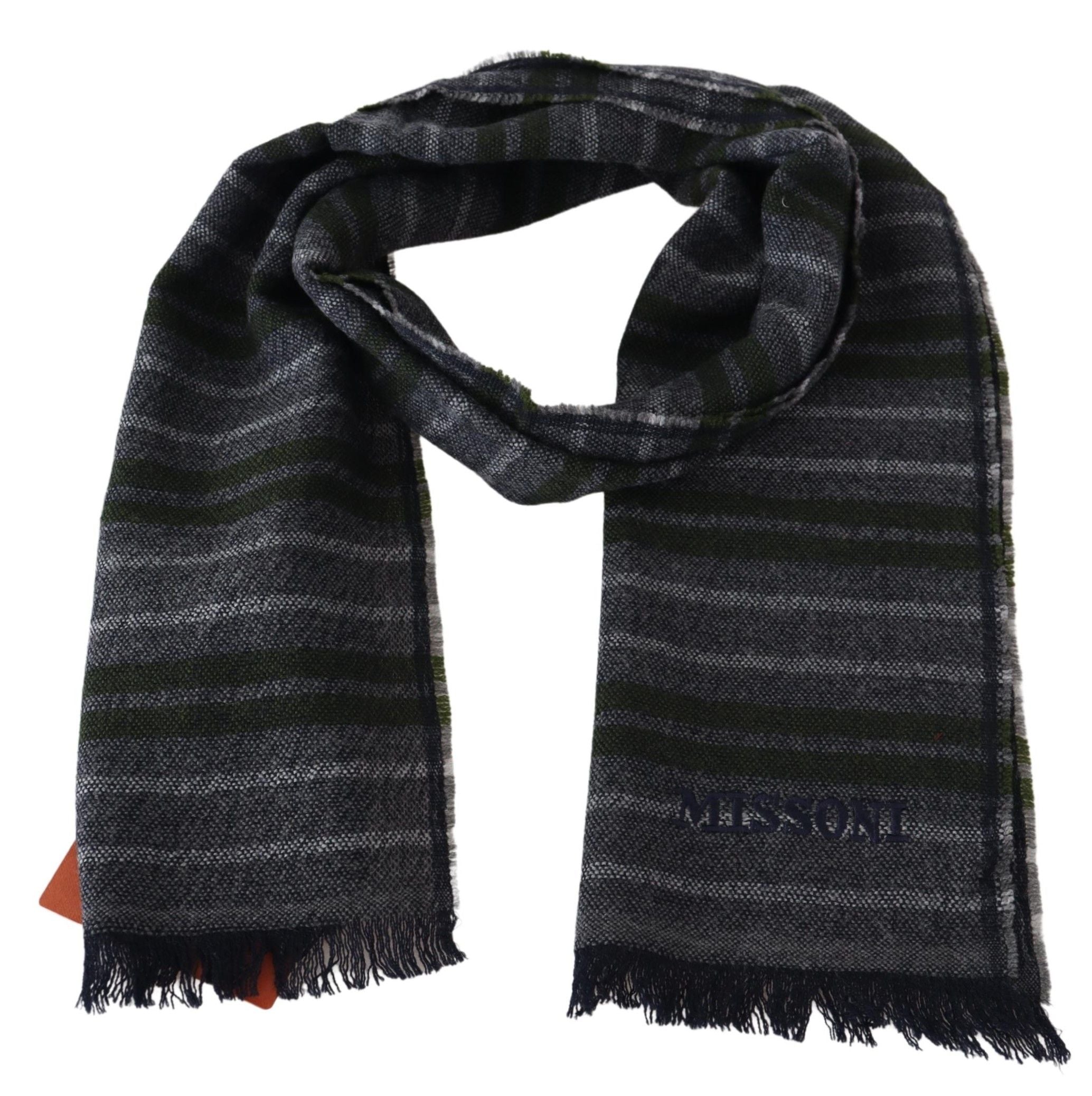 Chic Striped Wool Scarf with Logo Embroidery