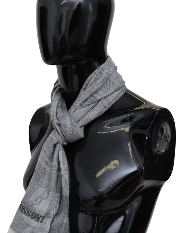 Chic Unisex Gray Wool Scarf with Logo Embroidery