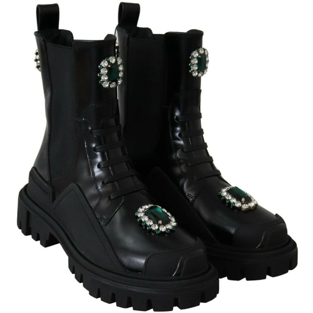 Elegant Black Leather Combat Boots with Crystal Detail