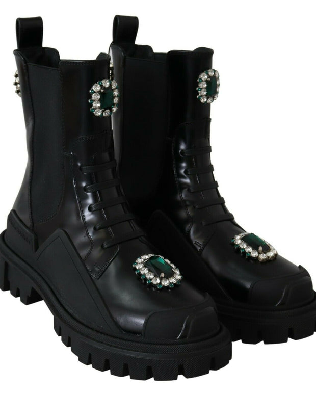 Black Leather Crystal Combat Boots