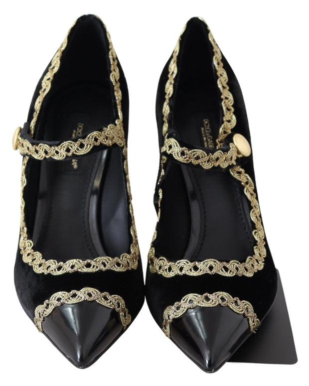 Black Velvet Gold Mary Janes Pumps